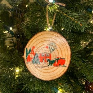 Rustic Wood Slice, Sleigh Ride Ornament, Vintage Christmas